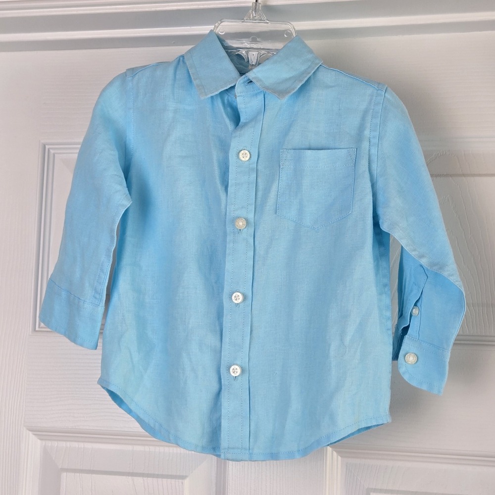 Janie And Jack Boys Size 12-18 Months Blue Linen Shirt Long Sleeve Button Down